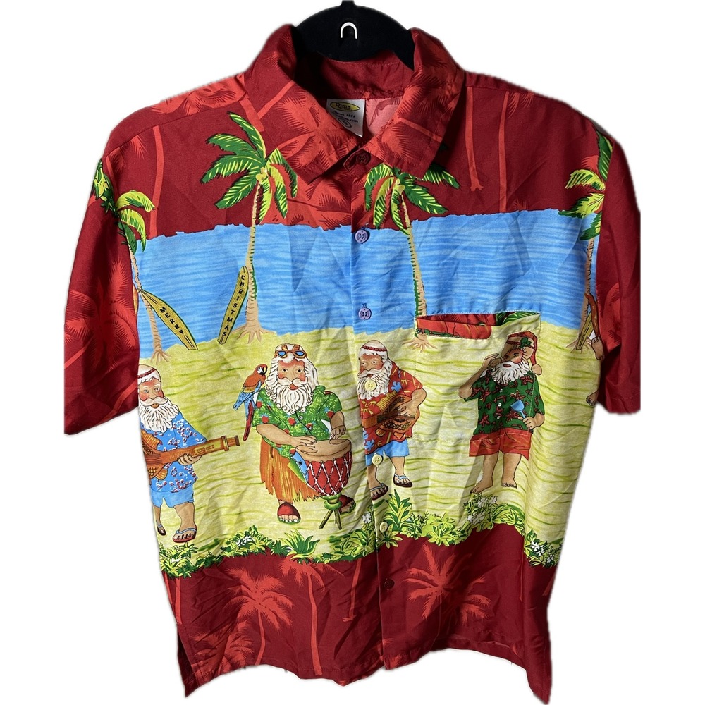 Rima Beachworld Red Tropical Christmas Santa Beach Surfing Shirt Mens Small